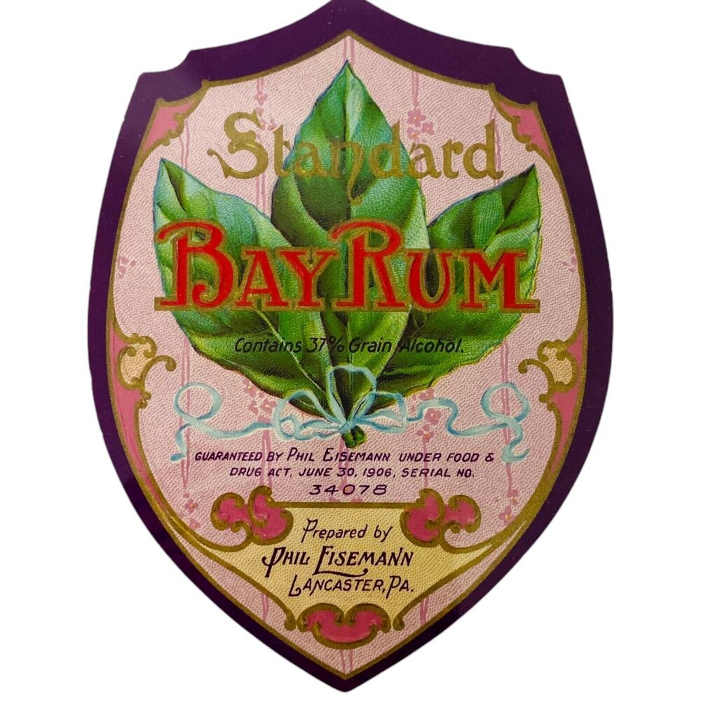 Standard Bay Rum label 1906 Phil Eisemann, Lancaster, PA Embossed Advertising